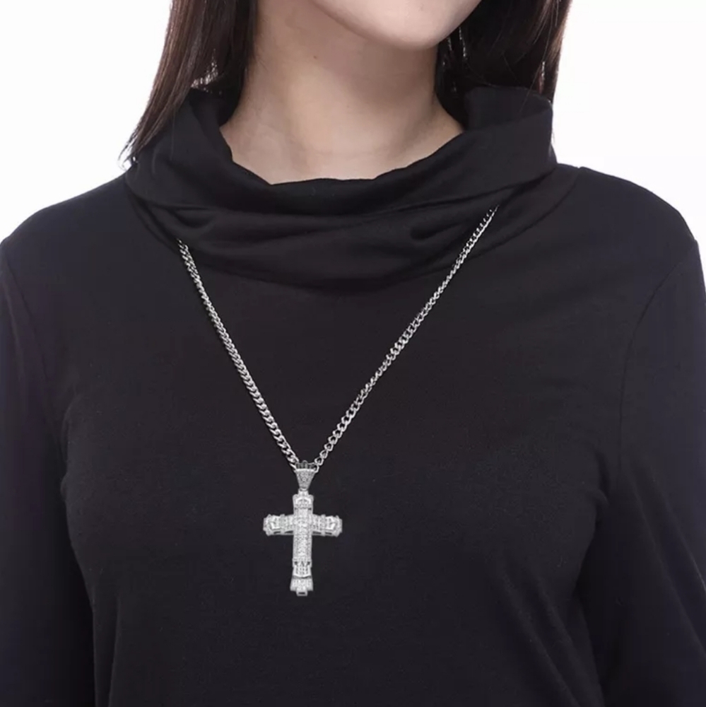 Silver Tone CZ Cross Pendant Necklace - Picture 2 of 5